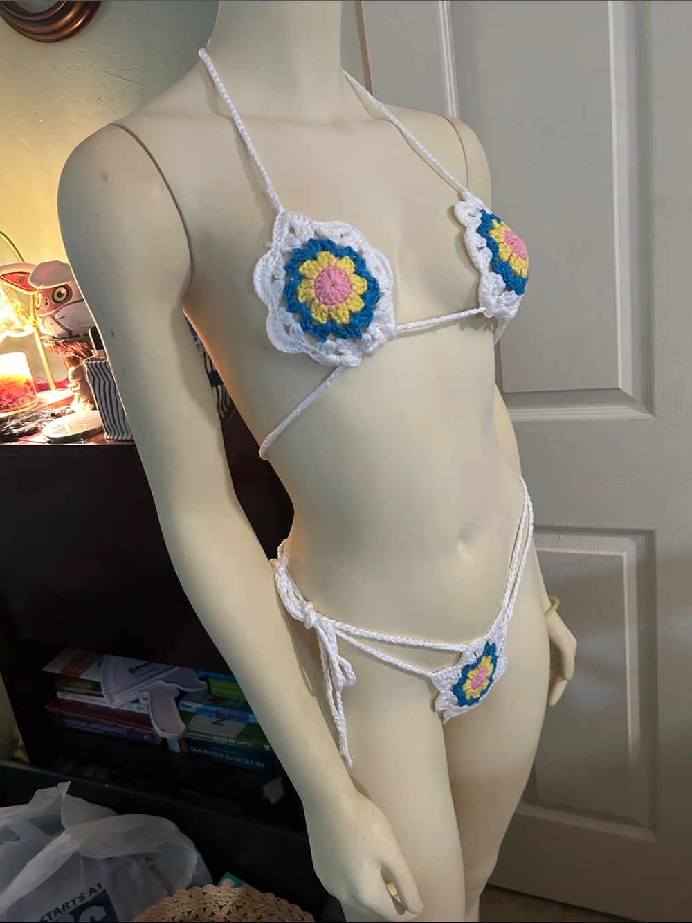 SHEIN White Crochet Floral Thong Bikini with Blue and Yellow Accents - Picture 4 of 10